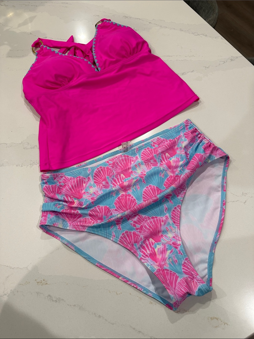 SHEIN tankini set bright hot pink tankini and high waisted sea shell bottoms L